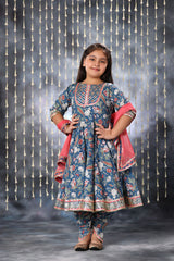 Blue Jaipuri Double Print Anarkali with Dhoti Salwar Suit Set