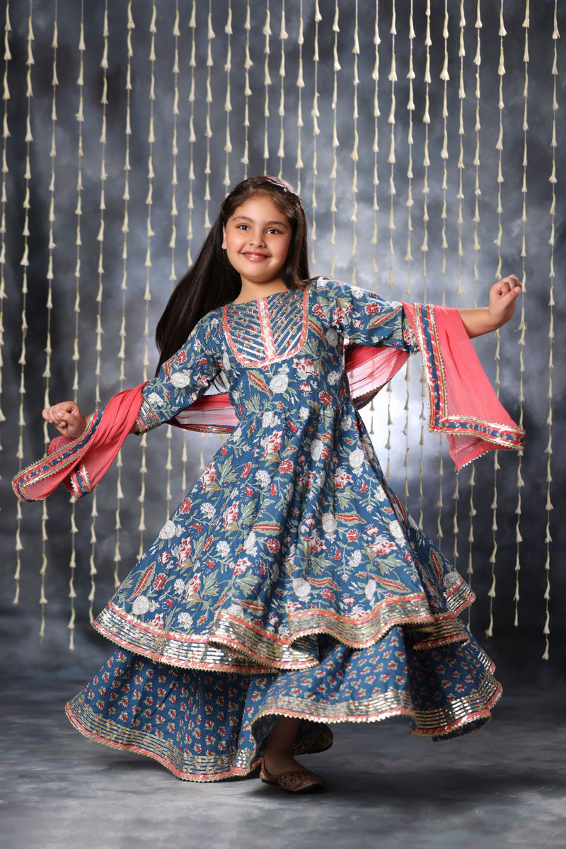 Blue Jaipuri Double Print Anarkali with Palazzo Suit Set