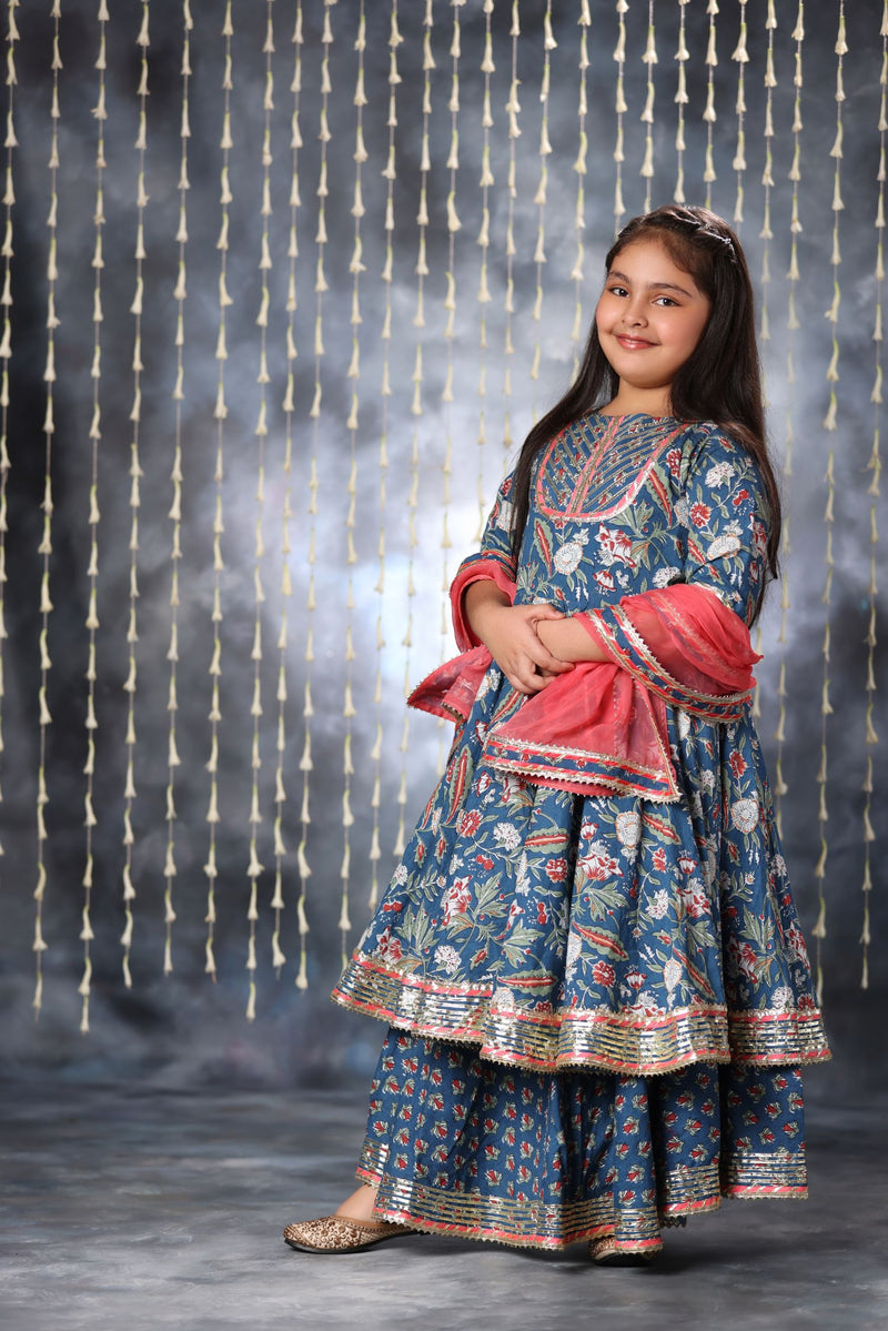 Blue Jaipuri Double Print Anarkali with Palazzo Suit Set