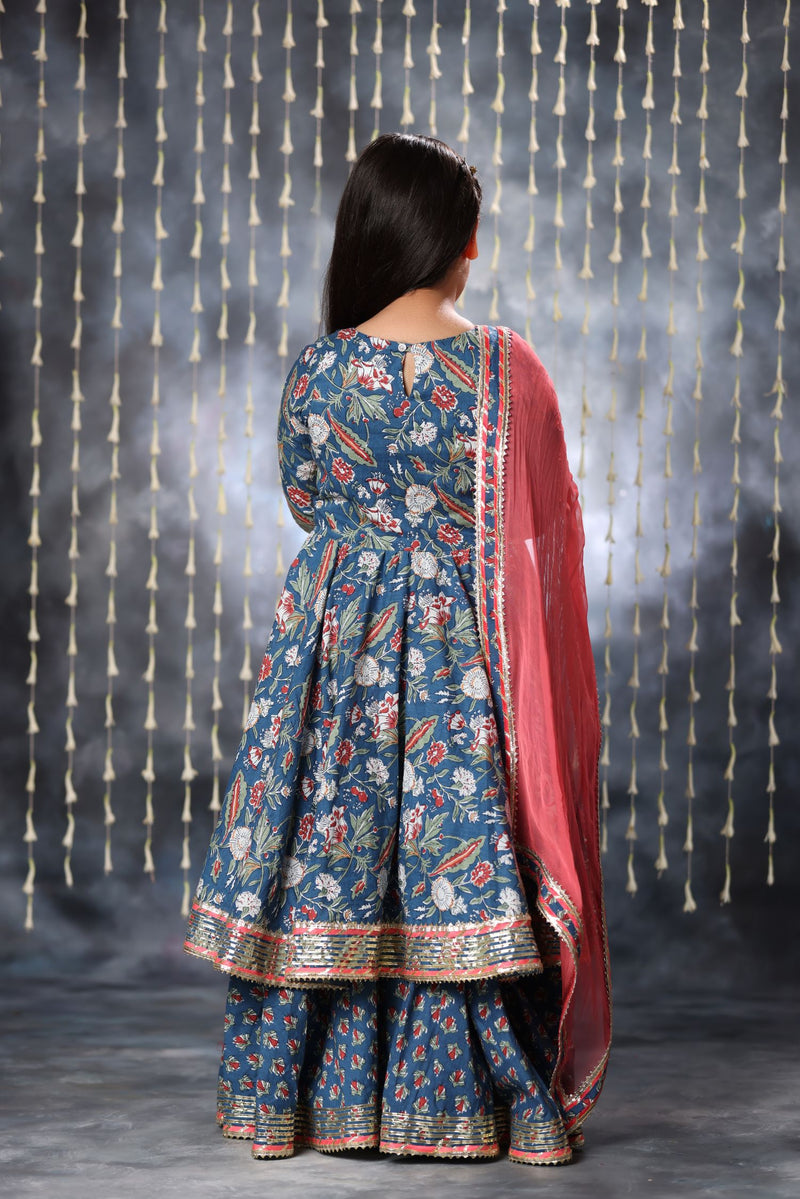 Blue Jaipuri Double Print Anarkali with Palazzo Suit Set