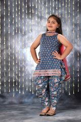 Blue Jaipuri Double Print Short Kurti with Dhoti Salwar Suit Set