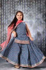 Blue Jaipuri Double Print Short Kurti with Flared Palazzo Suit Set