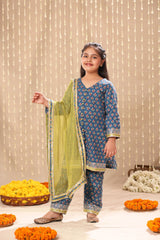 Blue Jaipuri Front Open Straight Kurta with Pant Suit Set