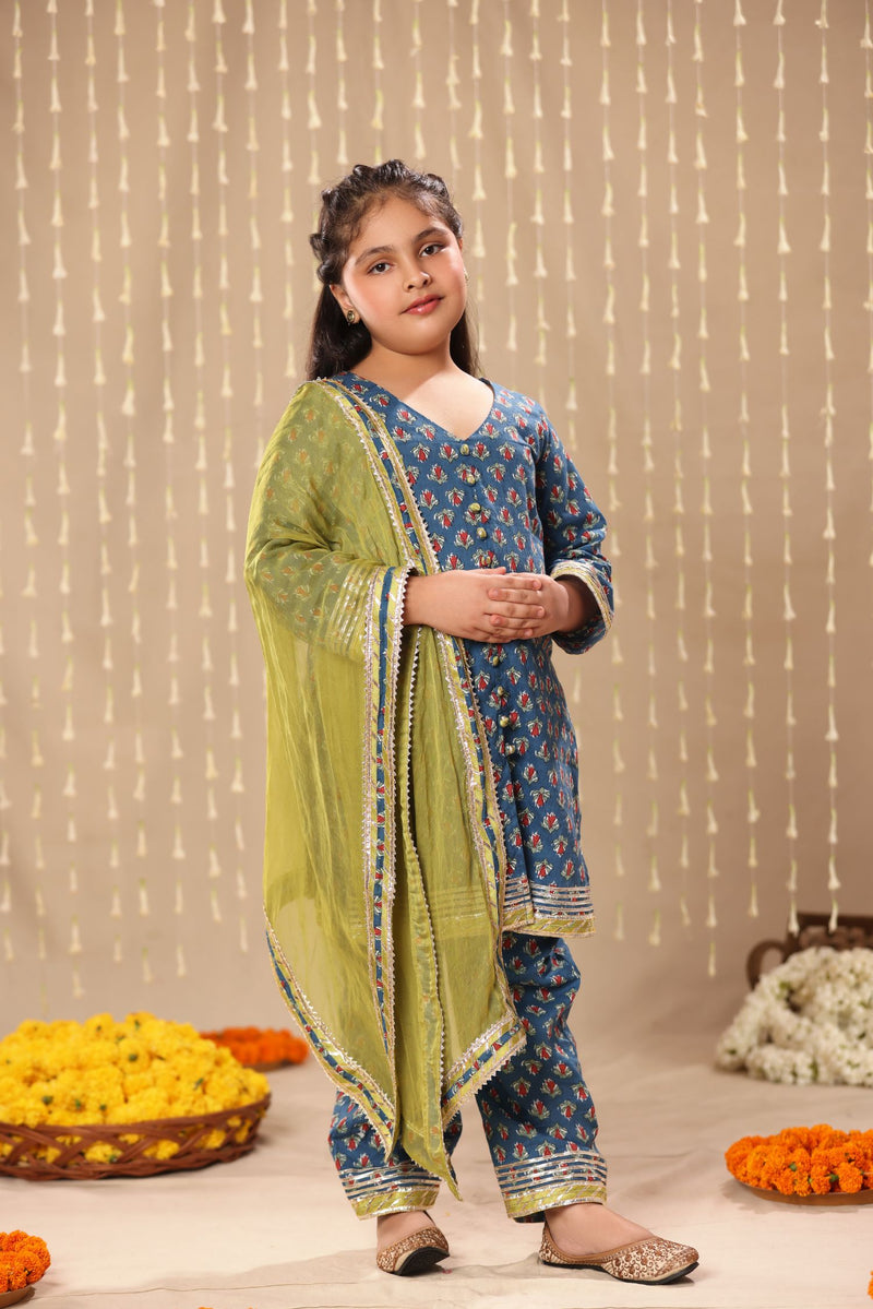 Blue Jaipuri Front Open Straight Kurta with Pant Suit Set