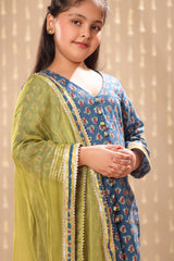 Blue Jaipuri Front Open Straight Kurta with Pant Suit Set