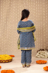 Blue Jaipuri Front Open Straight Kurta with Pant Suit Set