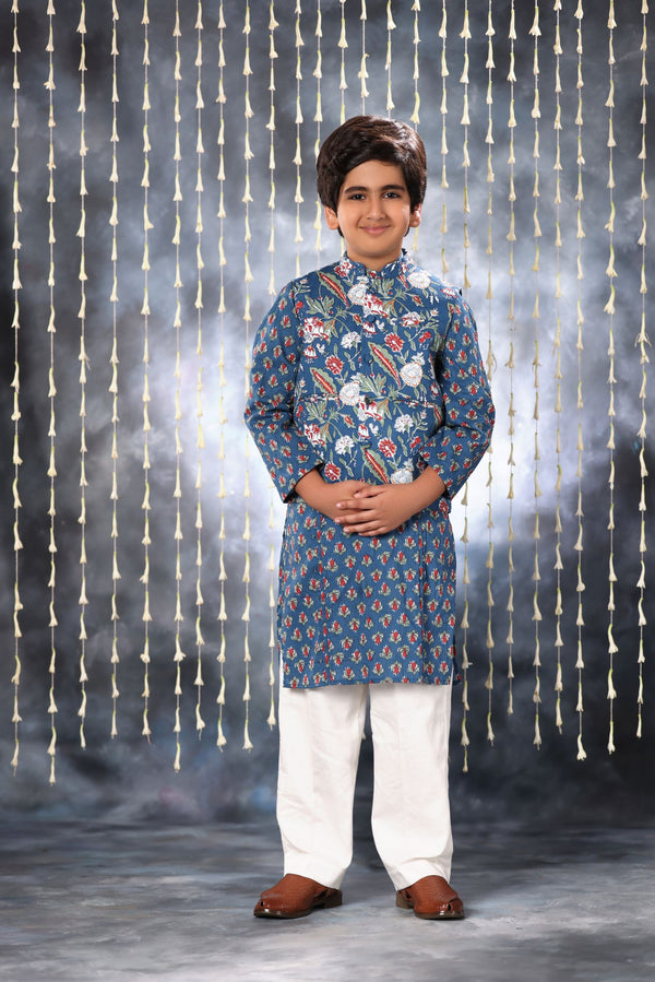 Blue Jaipuri Handblock Buti Print Kurta with white Pant Co-ord Set and Blue Floral Jacket