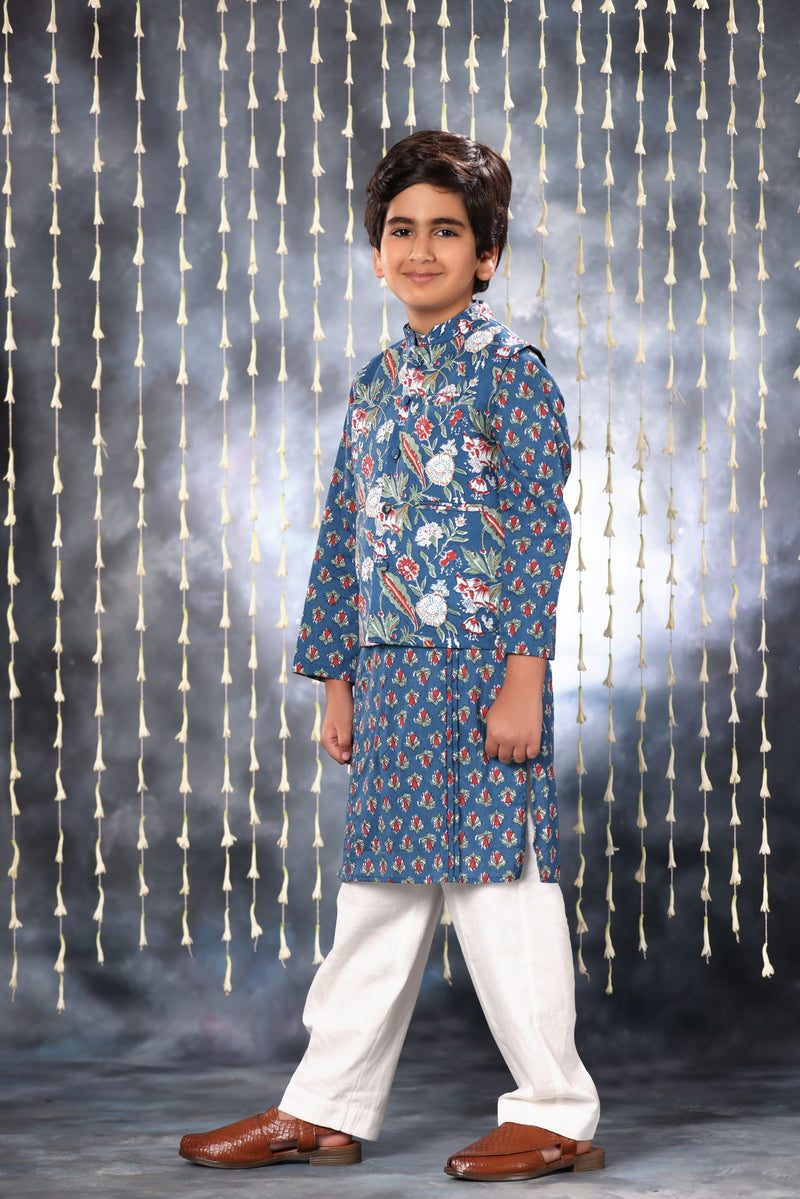Blue Jaipuri Handblock Buti Print Kurta with white Pant Co-ord Set and Blue Floral Jacket