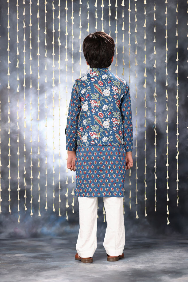 Blue Jaipuri Handblock Buti Print Kurta with white Pant Co-ord Set and Blue Floral Jacket