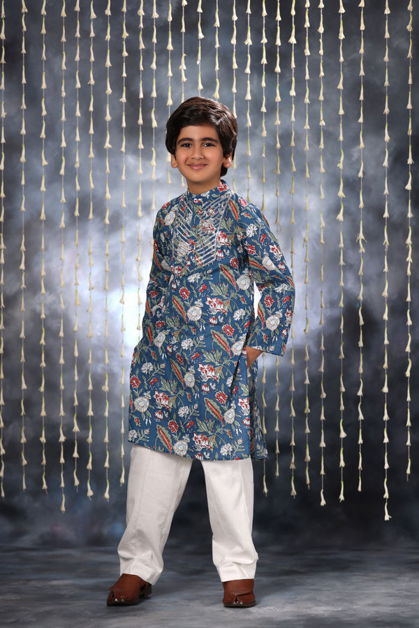 Blue Jaipuri Handblock Floral Print Kurta with white Pant Co-ord Set