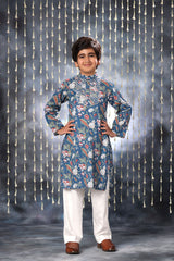 Blue Jaipuri Handblock Floral Print Kurta with white Pant Co-ord Set