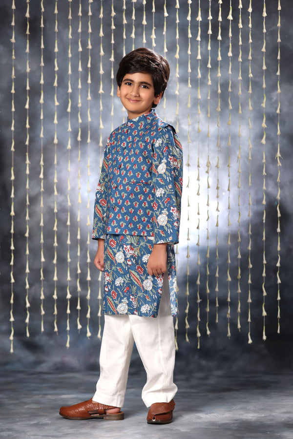 Blue Jaipuri Handblock Floral Print Kurta with white Pant Co-ord Set and Blue Buti Jacket