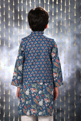 Blue Jaipuri Handblock Floral Print Kurta with white Pant Co-ord Set and Blue Buti Jacket