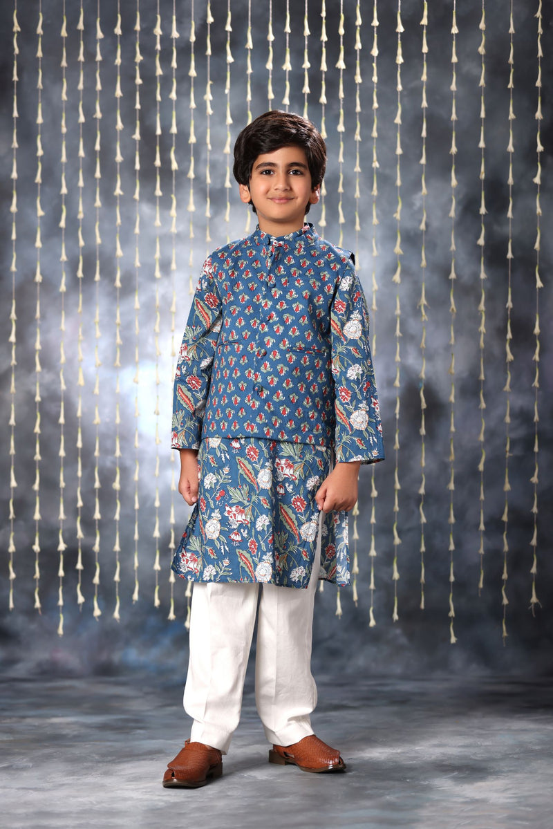 Blue Jaipuri Handblock Floral Print Kurta with white Pant Co-ord Set and Blue Buti Jacket