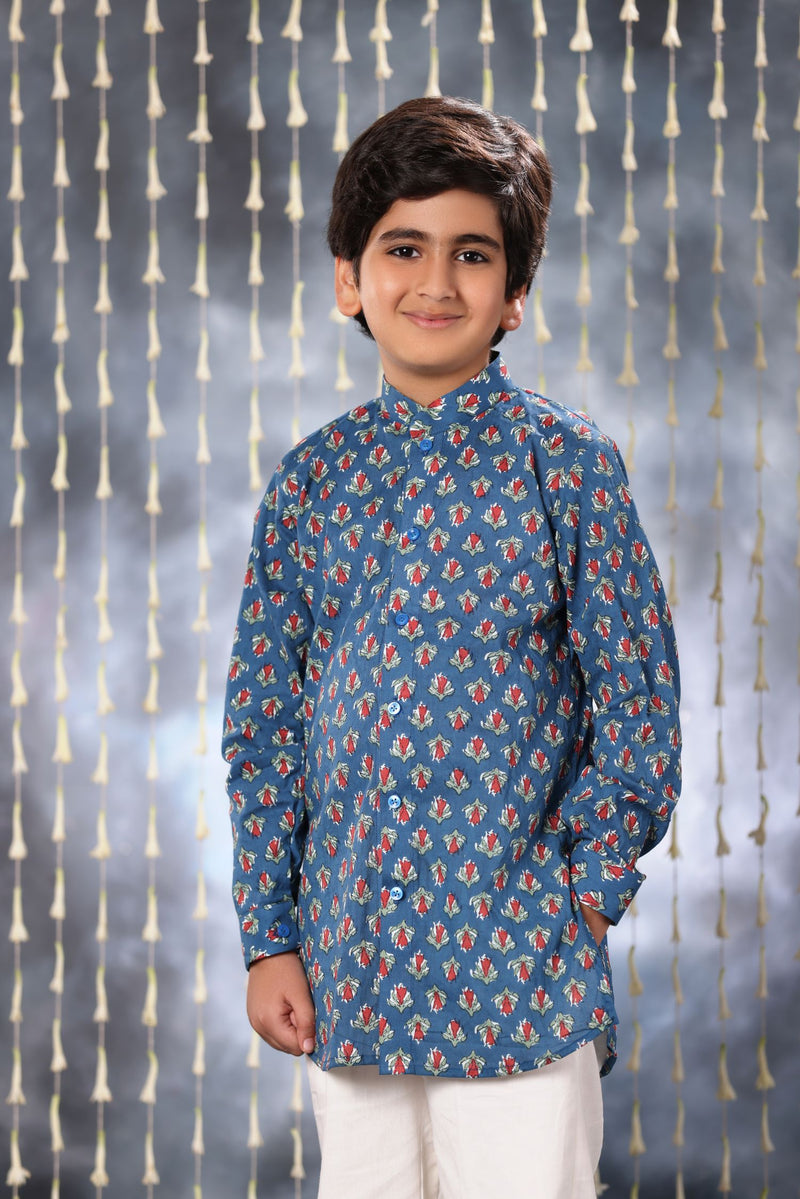 Blue Jaipuri Handblock Print Short Kurta Shirt Only