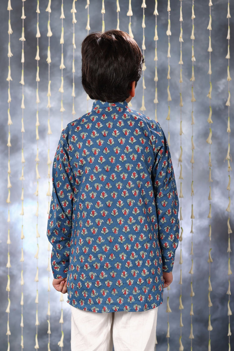 Blue Jaipuri Handblock Print Short Kurta Shirt Only