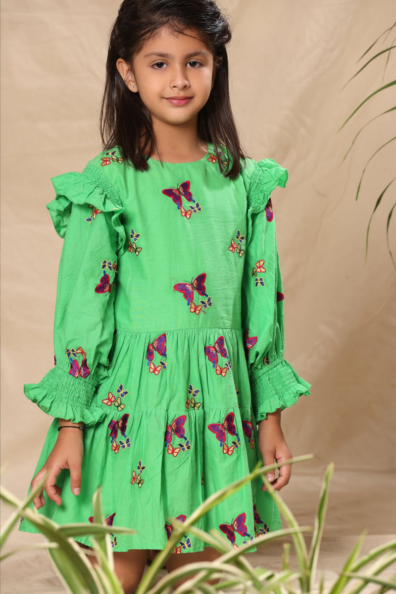 Green Butterfly Embroidered Two Tiered Dress with Smocked Sleeves