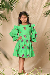 Green Butterfly Embroidered Two Tiered Dress with Smocked Sleeves