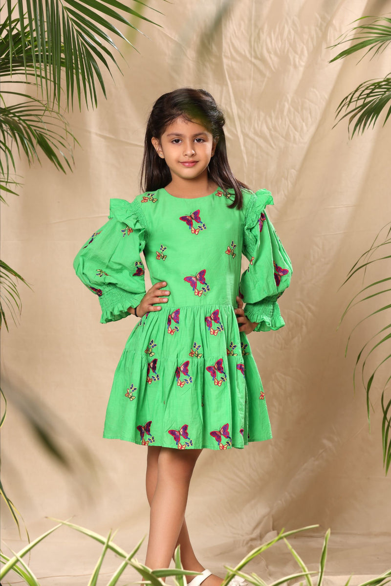 Green Butterfly Embroidered Two Tiered Dress with Smocked Sleeves