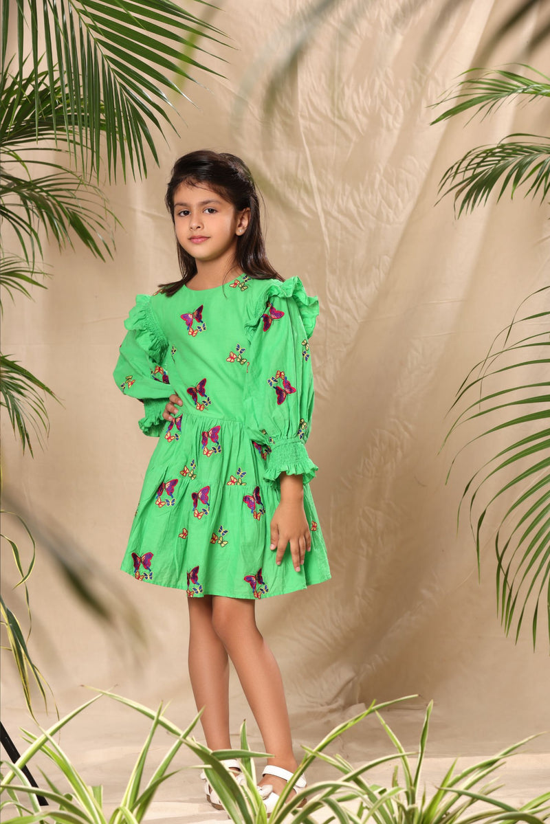 Green Butterfly Embroidered Two Tiered Dress with Smocked Sleeves