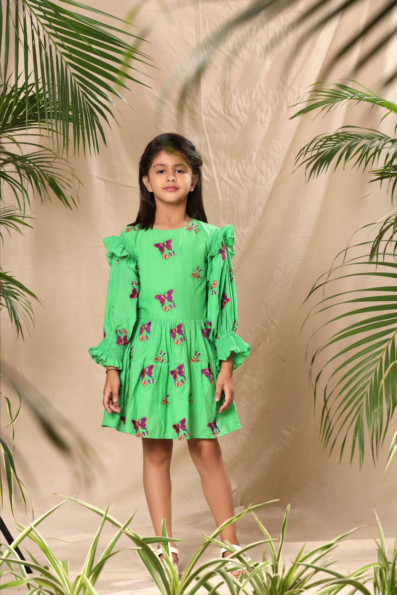 Green Butterfly Embroidered Two Tiered Dress with Smocked Sleeves