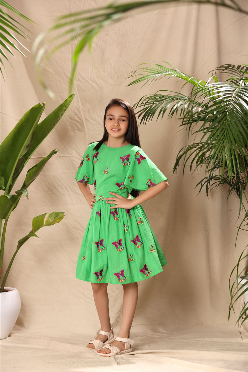 Green Butterfly Embroidery Fit and Flare Dress with Circular Sleeves
