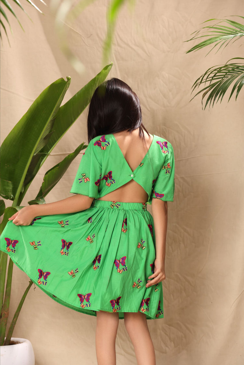 Green Butterfly Embroidery Fit and Flare Dress with Circular Sleeves
