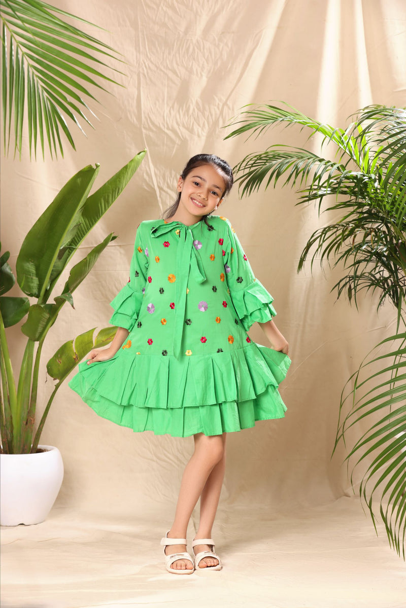 Green Floral Embroidered Drop Waist Dress with Two Box Pleat Tiers