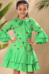 Green Floral Embroidered Drop Waist Dress with Two Box Pleat Tiers