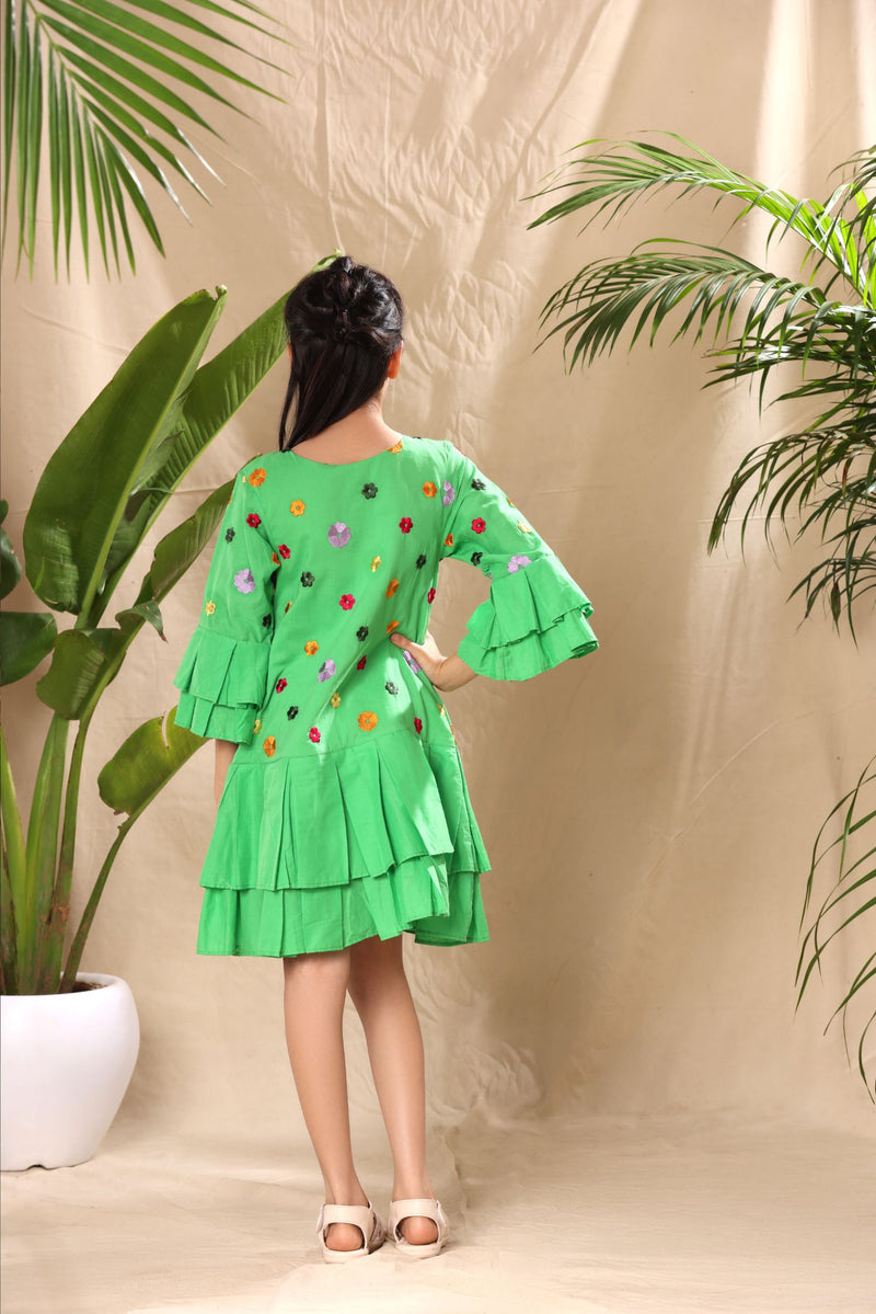 Green Floral Embroidered Drop Waist Dress with Two Box Pleat Tiers