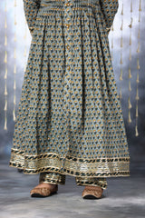 Grey Floral Jaipuri Print Pintucks Long Kurta with Pants