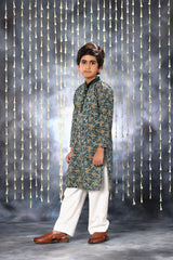 Grey Jaipuri Handblock Print Kurta Co-ord Set with Solid Collar Design