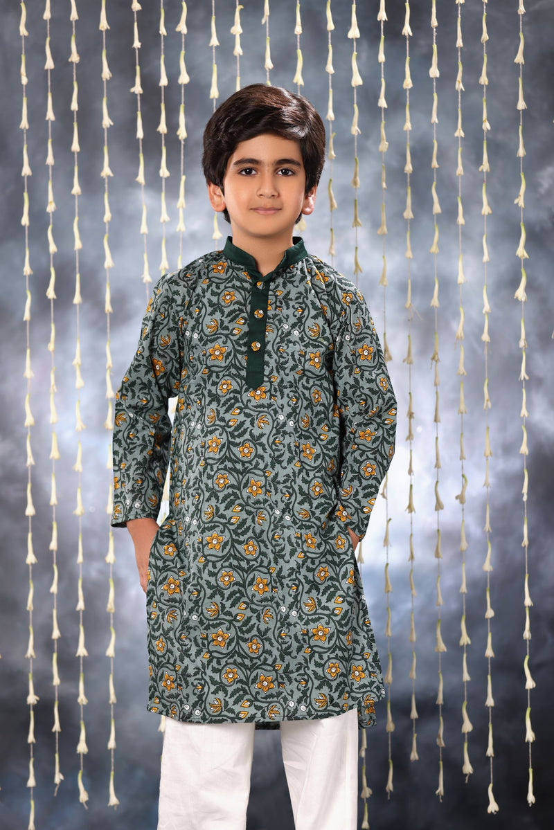 Grey Jaipuri Handblock Print Kurta Co-ord Set with Solid Collar Design