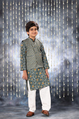 Grey Jaipuri Handblock Print Kurta Co-ord Set with Solid Collar Design and Grey Jacket