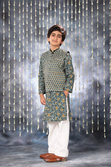 Grey Jaipuri Handblock Print Kurta Co-ord Set with Solid Collar Design and Grey Jacket