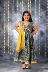 Grey Jaipuri Print Anarkali Sleeveless Kurta and Pant Set