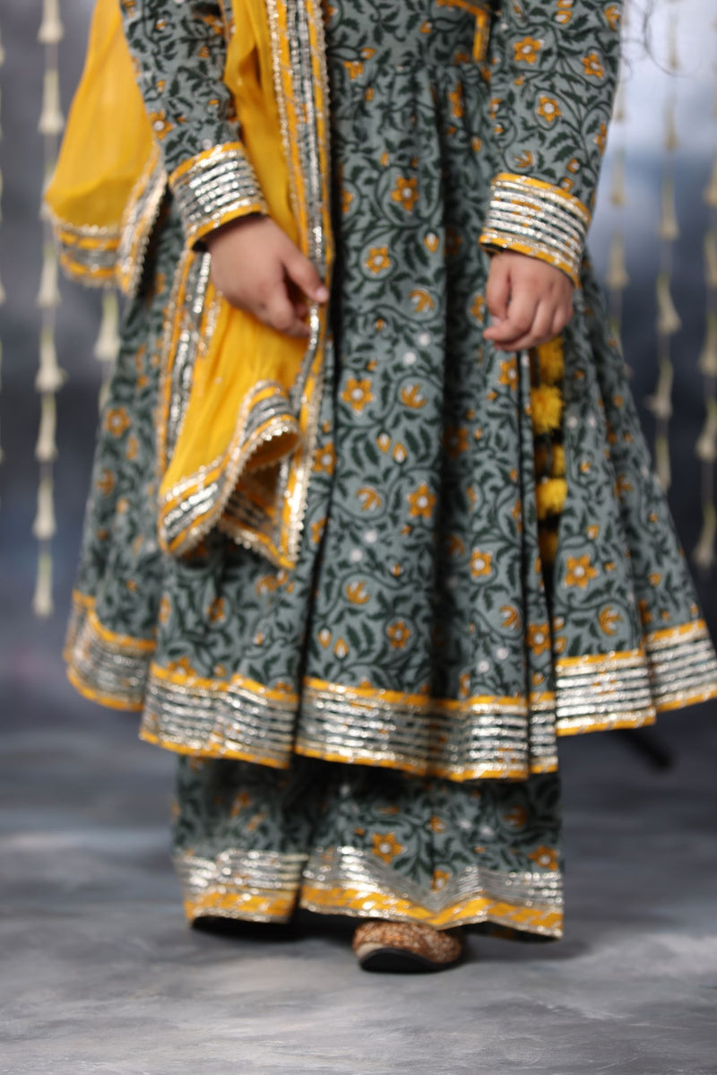 Grey Jaipuri Single Print Anarkali with Palazzo Suit Set
