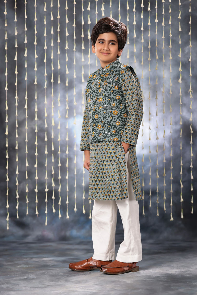 Grey Pintucks Neck Panel Kurta with White Pant Co-ord Set and Grey Jacket