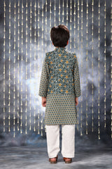 Grey Pintucks Neck Panel Kurta with White Pant Co-ord Set and Grey Jacket