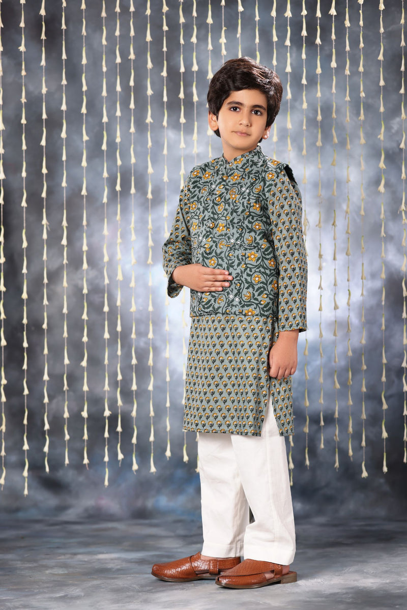 Grey Pintucks Neck Panel Kurta with White Pant Co-ord Set and Grey Jacket