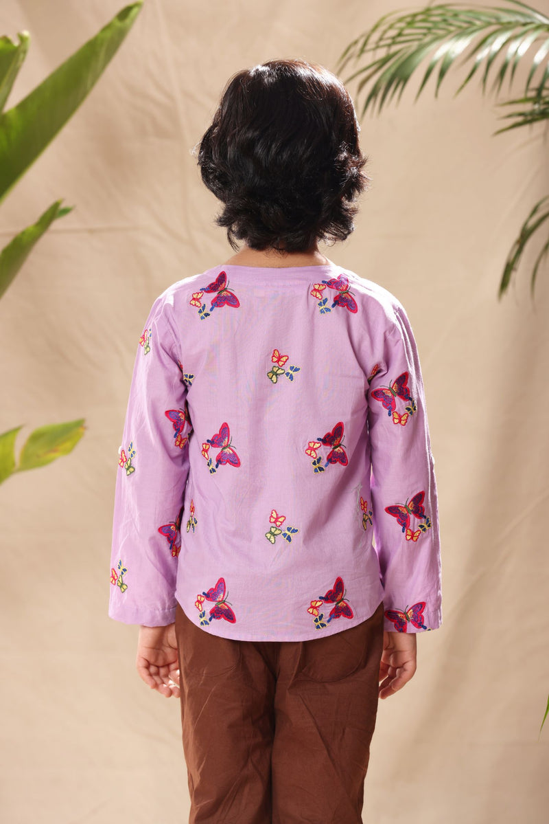 Lavender Butterfly Embroidered No Collar Shirt