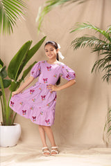 Lavender Butterfly Embroidered 1 Tier Fit and Flare Dress with Puff Sleeves