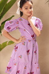 Lavender Butterfly Embroidered 1 Tier Fit and Flare Dress with Puff Sleeves