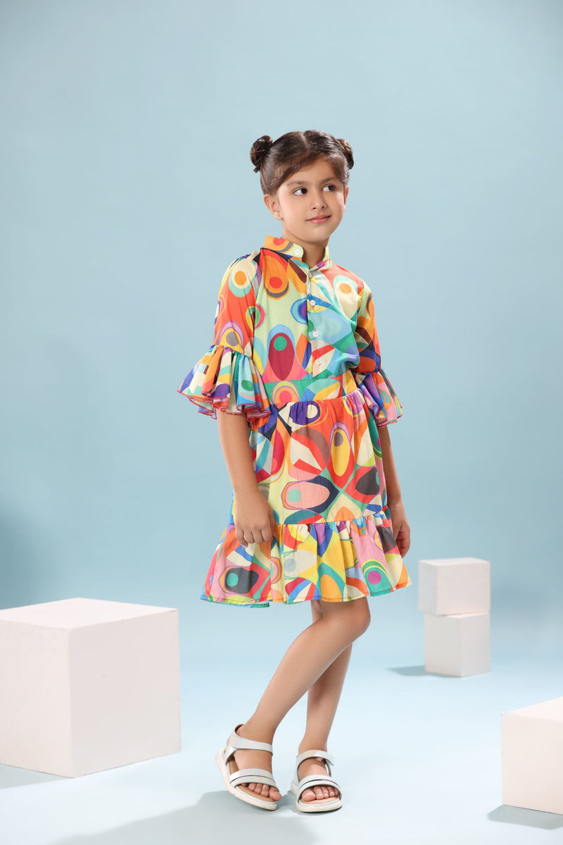 Abstract Print Ruffled Sleeve Dress