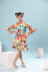 Abstract Print Ruffled Sleeve Dress