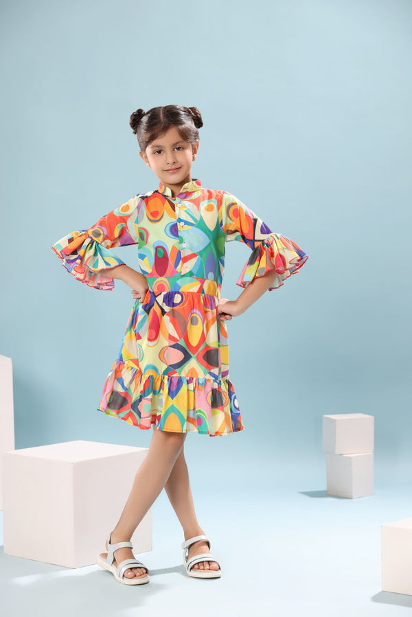 Abstract Print Ruffled Sleeve Dress