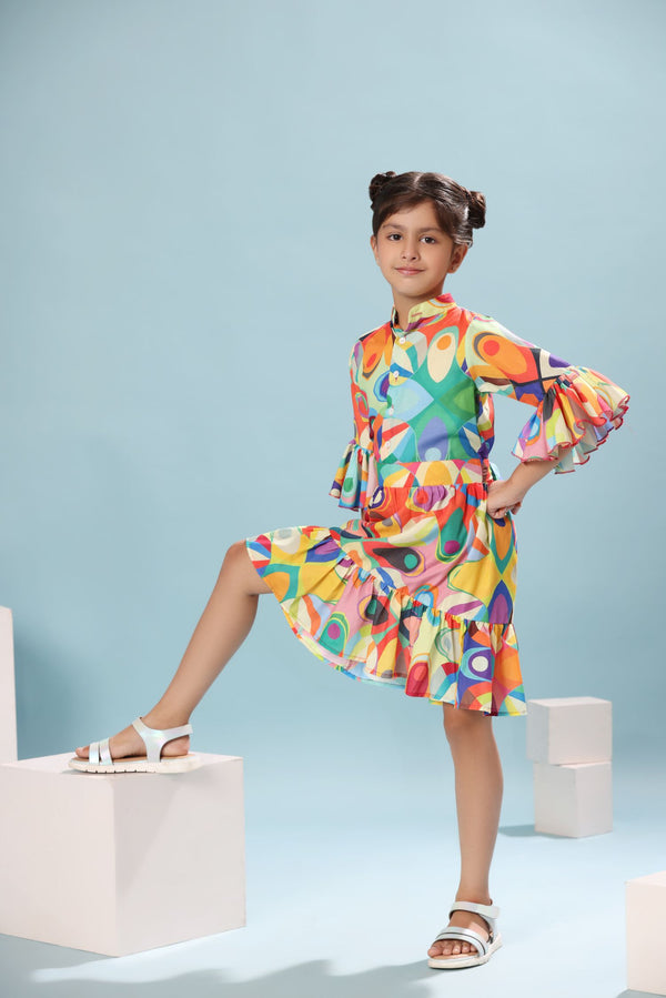 Abstract Print Ruffled Sleeve Dress