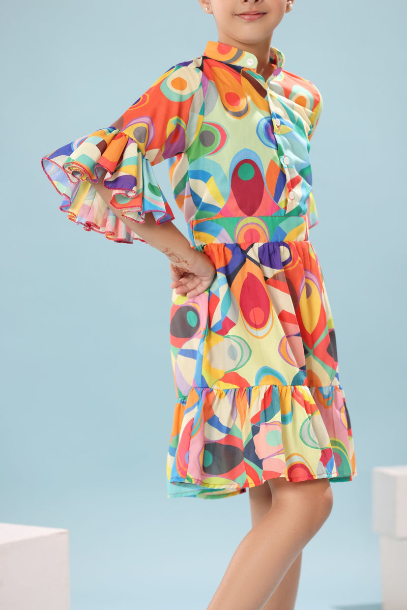 Abstract Print Ruffled Sleeve Dress