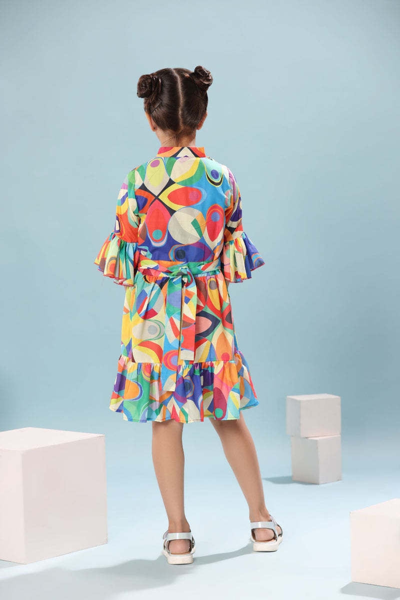 Abstract Print Ruffled Sleeve Dress