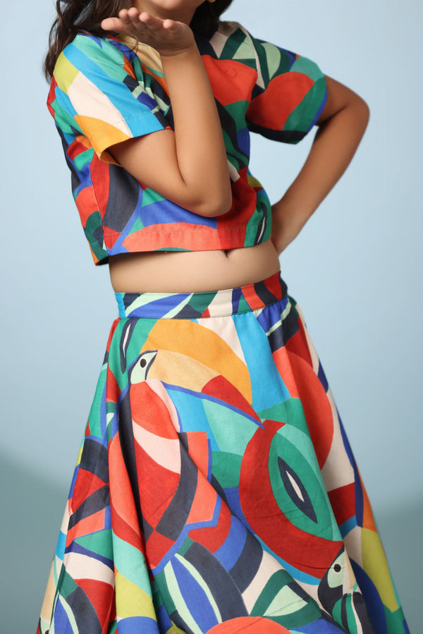 Bird Print Crop Top and Skirt Set